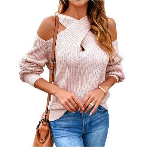 DCTIWES Women's Criss Cross Halter Neck Cold Shoulder Tops Sexy Cutout Knit Sweater Solid Comfy Shirts