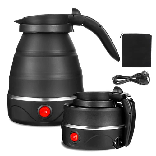 Rzlinn 0.6L Collapsible Travel Kettle 110V, Foldable Handle Design for More Portability, Food Grade Silicone Small Electric Tea Kettle for Fast Water Boiling, Black