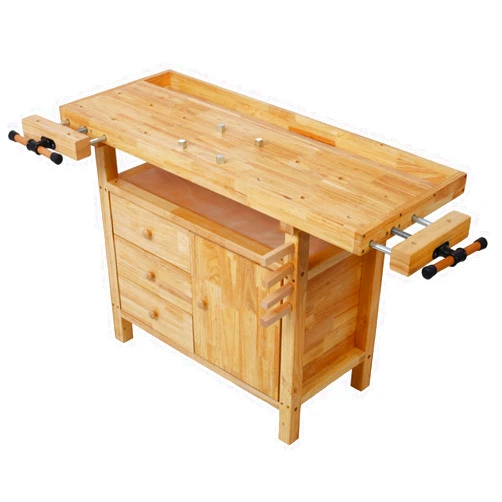 Montary 50-Inch Wood Workbench - Rubber Wooden Heavy Duty Work Bench with 3 Drawers 1 Cabinet Door and Shelf Integrated Vises for Garage Workshop, Woodworking and Home
