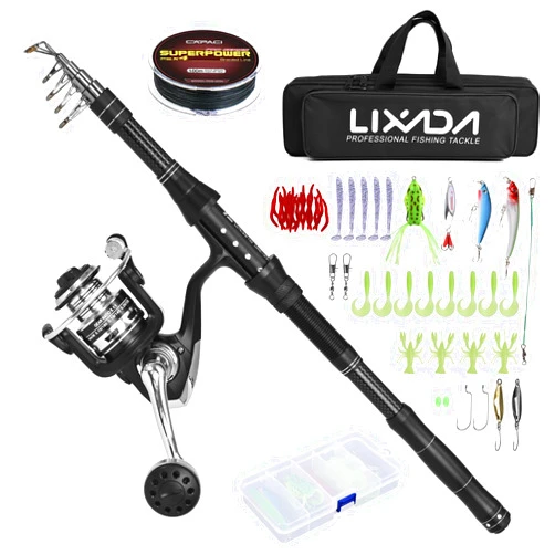 Lixada Telescopic Fishing Rod and Reel Combos Full Kit, Lixada Carbon Fiber Fishing Pole Lures Set Portable Travel Kit with Carrier Bag for Sea Saltwater Freshwater