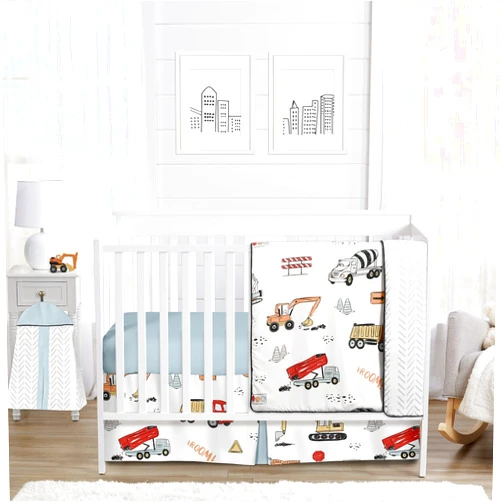 Sweet Jojo Designs Construction Truck Baby Boy Nursery Crib Bedding Set - 4 Pieces - Grey Yellow Orange Red and Blue Transportation Chevron Arrow