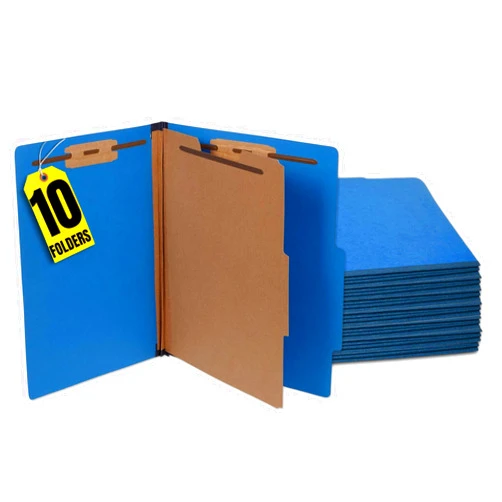1InTheOffice Pressboard Classification Folders, 2 Dividers, Letter Size, 6 Fasteners, Blue, 10 Pack