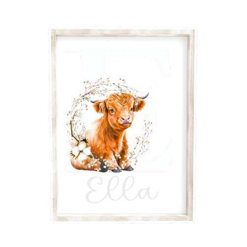 Pixie Paper Personalized Watercolor Highland Cow Rustic Cotton Farmhouse Baby Girl Pink and Gray Nursery Unframed Print