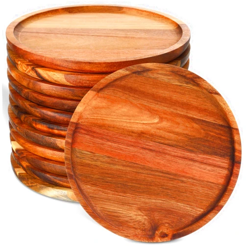 Rtteri 12 Pcs Acacia Round Dinner Plates Wood Tray Round Wooden Charger Plate for Sandwich Dishes Snack Dessert Salad Fruit, Easy Cleaning Lightweight, 8 Inch