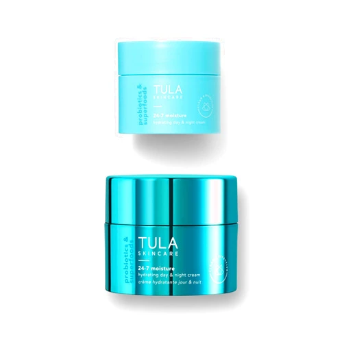 TULA Skincare Immersed in Nourishment Moisture Duo - 24-7 Moisture Hydrating Day & Night Cream in Travel Size Jar 14g and Full Size Chrome Jar 1.5oz, Revives the Appearance of Tired Skin, 2 piece set