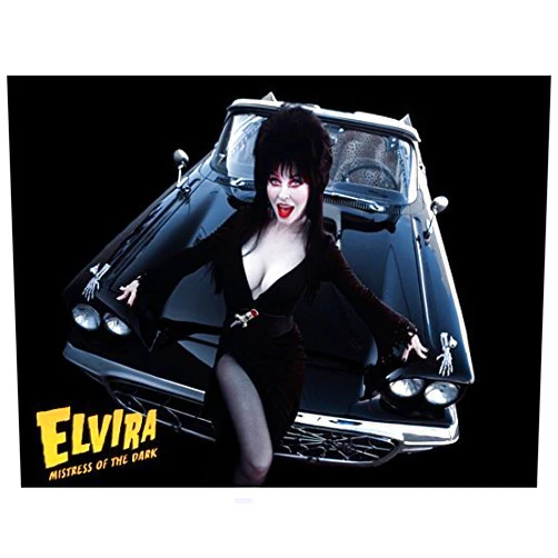 Elvira 8x10 Inch Photo Elvira: Mistress of the Dark Leaning on Hood of Black Car Pose 1 kn
