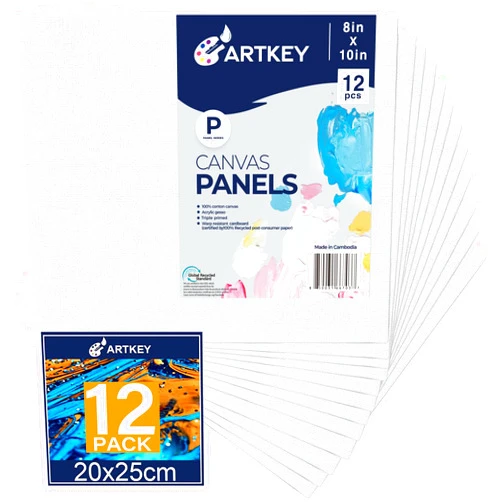 Artkey Canvases for Painting 8x10 Inch 12-Pack, 10 oz Primed 100% Cotton White Blank Canvas Boards for Painting, Art Supplies Paint Canvas Panels for Acrylic Oil Watercolor Tempera Paints