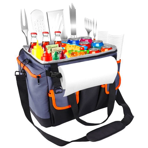 Homyplaza Large Grill and Picnic Caddy, 30L Multifunctional Collapsible Soft Sided Insulated Cold Storage Bag for Tailgat Party, BBQ, Camping Trip, Outdoor Picnic Gathering