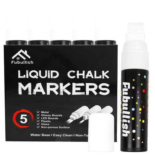 Fubullish Windows Markers for Car, 5 Pack Washable Glass Pen, 15mm Jumbo White Paint Liquid Chalk Markers for Auto, Chalkboard, Blackboard, Bistro, Menus and Any Non-Porous Surface