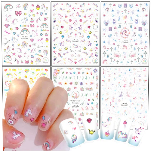 Vezocim Cute Nail Art Stickers, 3D Cartoon Animal Nail Art Decals Holographic Unicorn Rainbow Heart Flowers Nail Adhesive Sticker Design for Women Girls Manicure Decoration DIY Nail Decal Supplies