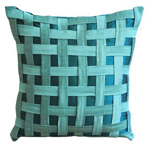 The HomeCentric Euro Sham Cover, Teal Blue European Pillow Cover 26x26 inch (65x65 cm) Silk Euro Sham Cover, Geometric, Checkered, Basket Weave, Texture - Peacock Green N Teal Basket Weave