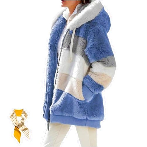 Generic Contrasting Lamb Wool Padded Coat,Loose Thick Plush Patchwork Windproof Hooded Overcoat,Fuzzy Winter Jacket With Pockets