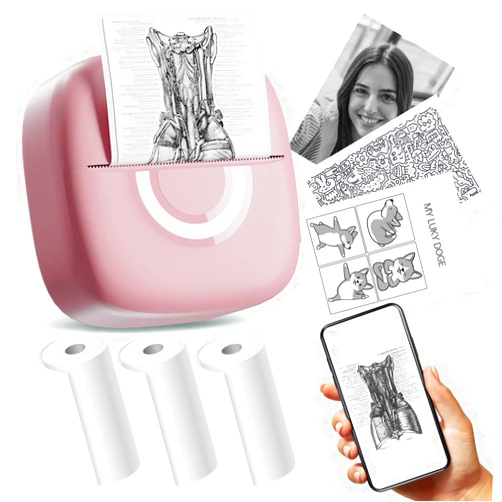 Cabaro Mini Printer Sticker Thermal Printer with 3 Rolls Paper, Bluetooth Portable Phone Printer,Study Printer for Pictures, Photos, Journals, DIY, Compatible with Phone & Tablet.