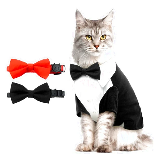 Bonaweite Hairless Cat Tuxedo Shirt，Cat Clothes for Cats Only Cat Wedding Outfit Suit with 2 Pcs Bow Tie,Kitten Formal Onesie Attire Costumes for Sphynx, Cornish Rex, Devon Rex, Peterbald
