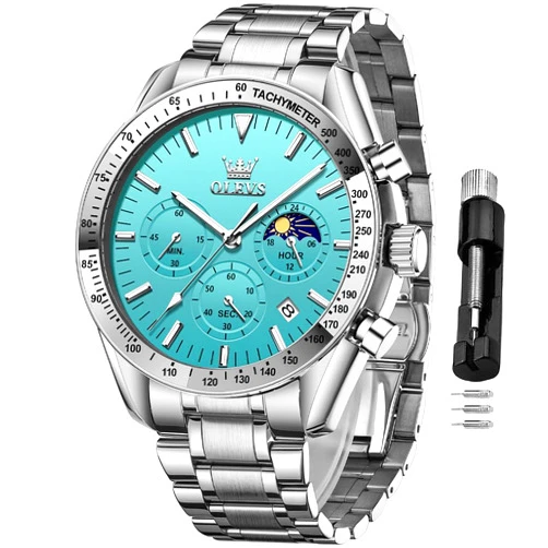 OLEVS Men Skeleton Watches Stainless Steel Analog Quartz Moon Phase Male Watch, Diamond Multi Calendar Chronograph Watch,Waterproof Wrist Watch for Men