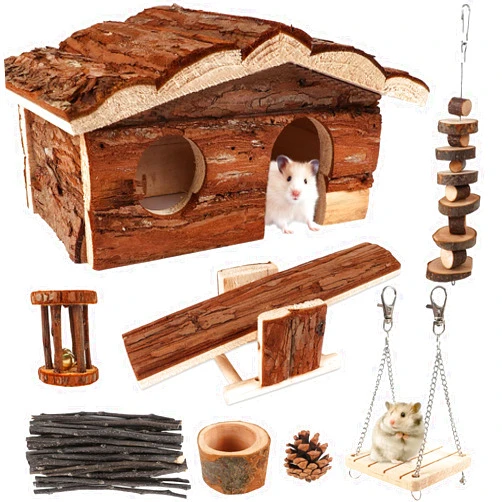 ZALALOVA Hamster-Chew-Toys Pet Activity Structure, 17 Pack Wooden Accessories with House, Food Bowl, Activity Toys for Mouse, Rats, Gerbils, Small Birds