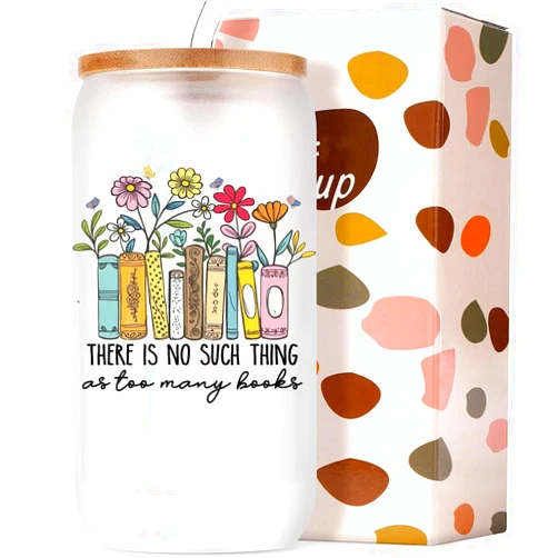 GemsLives Book Lovers Glass Cup Gift - 16oz With Lid and Straw, Coffee Cup for Women, Librarians, and Readers