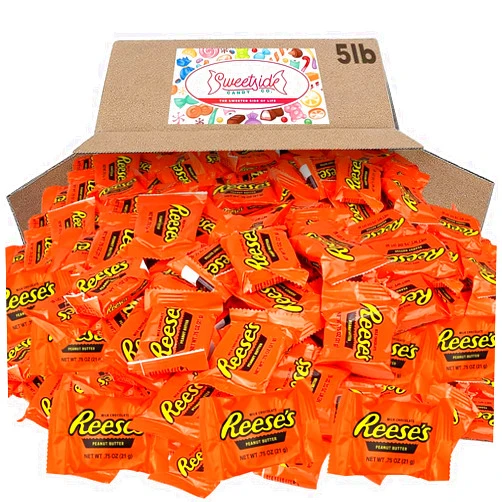 SWEETSIDE CANDY CO. Reeses Milk Chocolate Peanut Butter Cups Bulk - Individually Wrapped Miniature Peanut Bite-Size Treat Candies Snack Encased in a Crunchy Milk Rich Chocolate Shell Melt in Your Mouth Craving, 5lb Bag, Party Candy