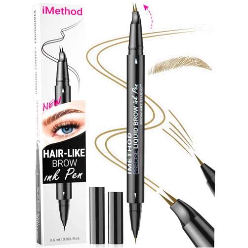 iMethod Curved Eyebrow Pen - Eyebrow Pencil, Brow Pencil 2-in-1 Dual-Ended Microblading Eyebrow Pen with Micro-Fork-Tip and Precise Brush-Tip Create Natural Hair-Like Brows, Last All-Day, Brown