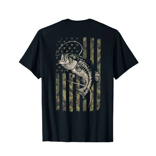 Great American Outdoors Camo Designs Fishing Camo American Flag Bass Fish (Design on Back) T-Shirt