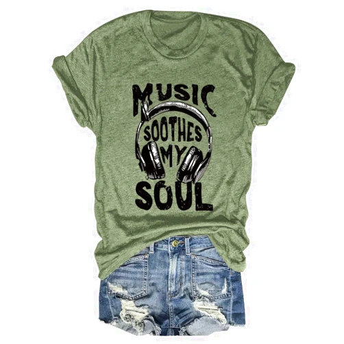 YourTees Women's Music Soothes My Soul T-Shirts - Musical Notes Print Tee for Music Lovers