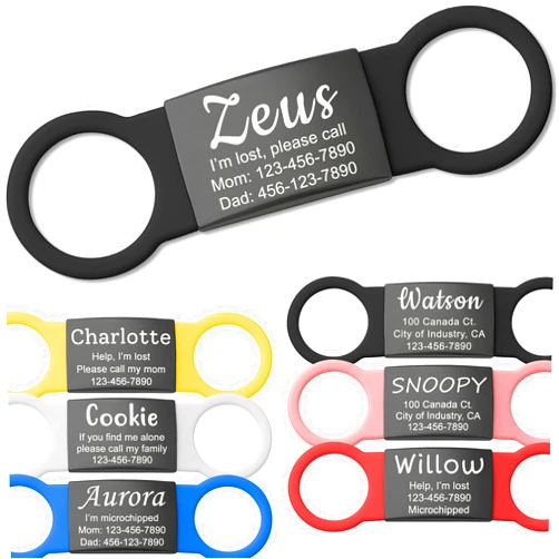 Anavia Slide On Silent Pet ID Tags, S/M/L/XL Personalized Black Stainless Steel Colored Silicone Cat Dog Name Tag, Customized Engraved Nameplate, Quiet Chew-Proof Pet Collar Tag (Black, Medium)