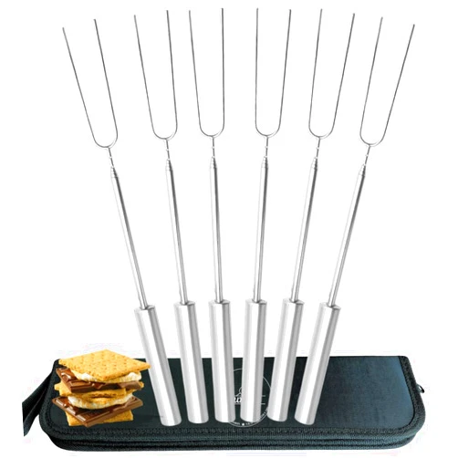 SUMPRI Smores Sticks For Fire Pit [All-Stainless Steel Set Of 6] -Marshmallow Roasting Sticks For Campfire, Telescoping S'mores Forks -Long Hot Dog Sticks [Dishwasher-Safe] - SUMPRI Campfire Skewers