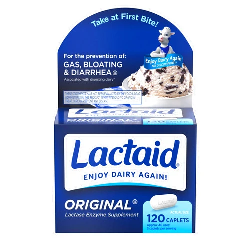 Lactaid Original Strength Lactose Intolerance Relief Caplets with Natural Lactase Enzyme, Dietary Supplement to Help Prevent Gas, Bloating & Diarrhea Due to Lactose Sensitivity, 120 ct