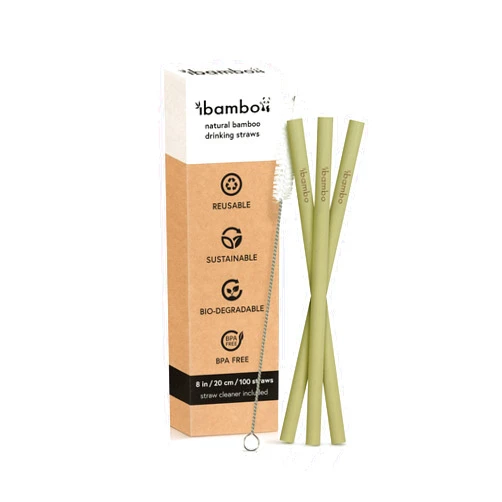 Ibambo 100 Pack Reusable 100% Bamboo Straws – FSC Certified Washable Straws | 8 Inch Biodegradable & Compostable Straws with Straw Cleaner | Natural Bamboo Reusable Alternative to Disposable Straws