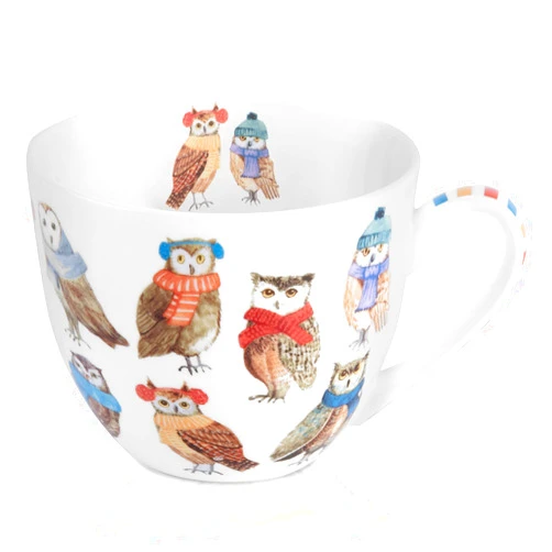 MFoffice Cute Autumn Owls Coffee Mug, 20 oz Bone China Mugs with Charming Owls in Color Scarves and Hats—Cozy, Wise, and Perfect Fall Gift for Bird Enthusiasts, Designed in England by Harvest Green Studio