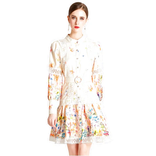 LAI MENG FIVE CATS Women's Hollow Out Floral Print Lantern Sleeve Button Casual Mini Dress
