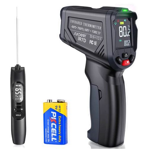 SURPEER Upgraded Infrared Thermometer Gun -58°F to 1382°F Digital Laser Temperature Gun with Adjustable Emissivity & Max Measure, Surpeer Temp Gun and Meat Thermometer for Cooking, Pizza Oven, Griddle