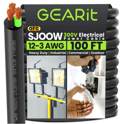 GEARit 12/3 12 AWG Portable Power Cable (100 Feet - 3 Conductor) SJOOW 300V 12 Gauge Electric Wire for Motor Leads, Portable Lights, Battery Charger, Stage Lights and Machinery -100ft Electrical Cord