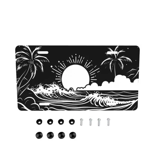 EXMENI Ocean Wave License Plate Cover - Palm Tree License Plate Frame Beach Sunset License Plate Hawaiian Sea Car Vanity Tag for Men Women