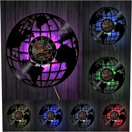 YanGxx 3D Earth Wall Clock Globe Map Home Decor Vinyl Record Wall Clock World Map Interior Modern Clock Housewarming Gift with LED, Black