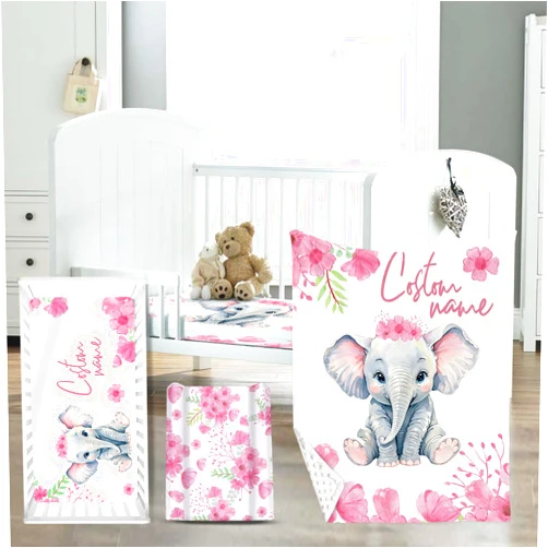 YISMEET Personalized Baby Bedding Set with Custom Name – Blanket, Fitted Crib Sheet & Changing Pad Cover – 3-Piece Pink Flower and Elephant Themed Crib Set for Girls