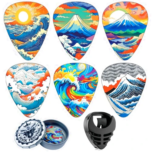 Miwayer Guitar Picks-Medium, 6 Pack Art Cool Guitar Pick In Metal Box W/Black Pick Holder, Unique Gift For Bass, Electric & Acoustic Guitars Lovers (Ocean)