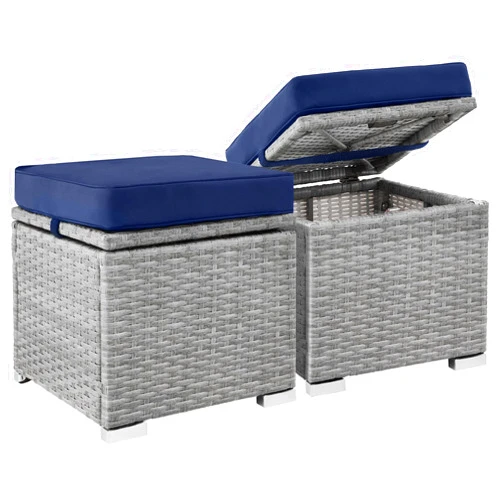 Best Choice Products Set of 2 Wicker Ottomans, Multipurpose Outdoor Furniture for Patio, Backyard, Additional Seating, Footrest, Side Table w/Storage, Removable Cushions - Gray/Navy