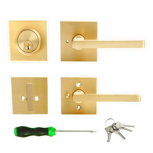 Cielsa Dawn Gold Heavy Duty Privacy Lever Door Handle and Single Cylinder Deadbolt Lock and Key Combo Pack - Locking Lever Set for Left or Right-Handed Doors - Exterior Door Levers - Satin Brass