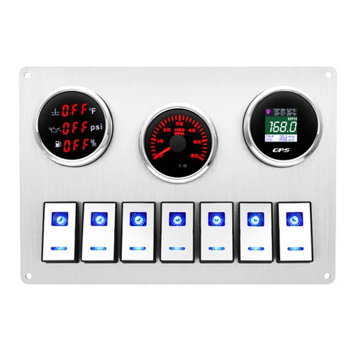 ARTILAURA GPS Speedometer+ Tachometer+ 3in1 Water Temp/Oil Pressure/Fuel Gauge with Marine Rocker Switch Panel, 12V 7 Gang ON-Off Ignition Toggle Switch Panel Waterproof for Boat Car Truck