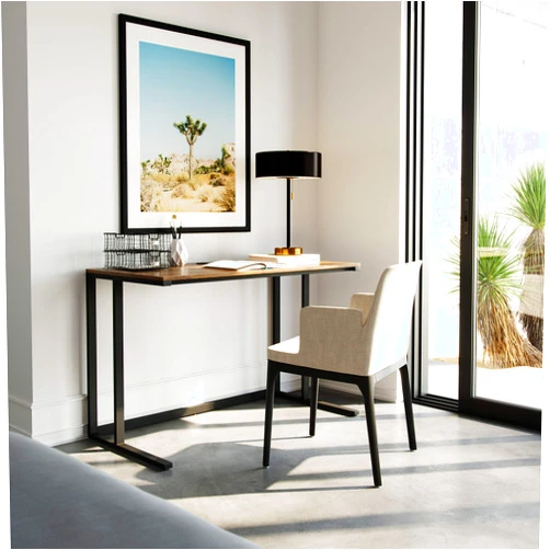 Flats & Castles Logan Modern Industrial Large Home Office Writing Desk with Thick Wood Top, Black Metal Legs, and Cable Management (48