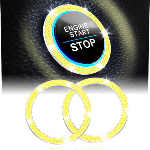 LivTee 2 PCS Crystal Double Rhinestone Car Engine Start Stop Decoration Ring, Push to Start Button Cover/Sticker, Bling Car Interior Accessories for Women, Key Ignition&Knob Bling Ring, Lemon Yellow