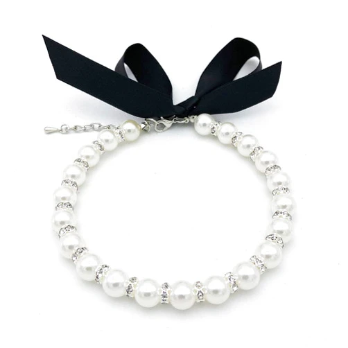 PETFAVORITES Diamond Dog Pearls Necklace Jewelry for Small Dogs Puppy - Bling Rhinestones Cat Wedding Collar - Chihuahua Yorkie Girl Clothes Costume Outfits Accessories (Snow White, Size L)