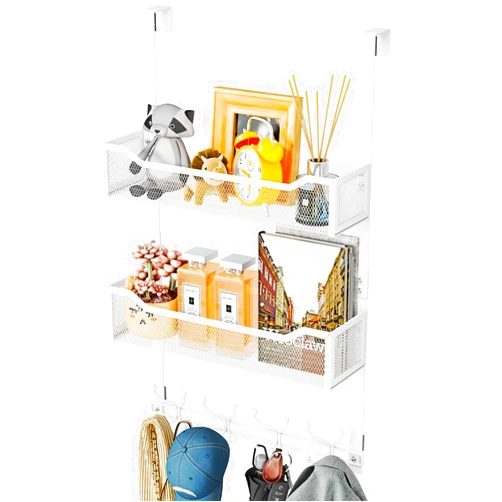 SWTYMIKI Over The Door Hook with 16 Hooks & 2 Mesh Baskets - Heavy Duty Over The Door Organizer Hanger for Towels, Coats, Clothes - Space Saving Hanging Rack for Bathroom, Living Room, White