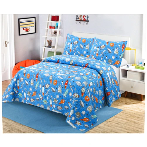 MK Home MK Collection Bedspread Set Kids Teens Outer Space Themed Rocket and Planet Print, Space Ship Astronaut Blue Orange Bedspread Set New (Full/Queen)