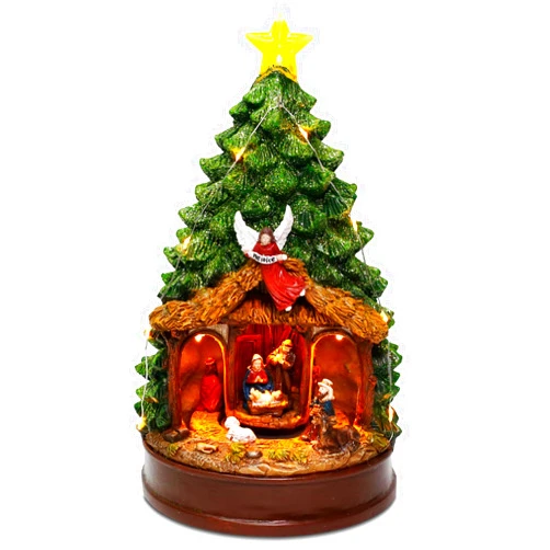 innodept12 Christmas Tree Rotating Nativity Scene Figurines – Music and Animated Holiday Decoration with Angel, Star & Manger – Collectible Tabletop Scene, 9.84