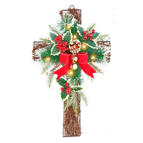 Collections Etc Sparkling LED Lighted Pine and Berries Wall Cross