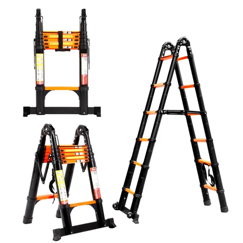 BOWEITI 12.5FT A Frame Telescoping Ladder, Aluminum Extension Ladder for 330lbs Capacity, Lightweight Telescopic Ladder w/Detachable Wheels & Non-Slip Feet for RV, Household, Outdoor(12.5FT,Orange)