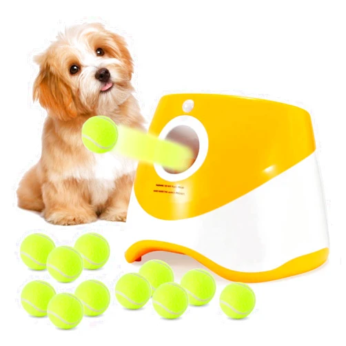 YXX-TECH Automatic Dog Ball Thrower Launcher with 12 PCS Tennis Balls,Thrower Distance 10-30ft, Interactive Dog Fetch Machine Toy for Small Dogs (Yellow)