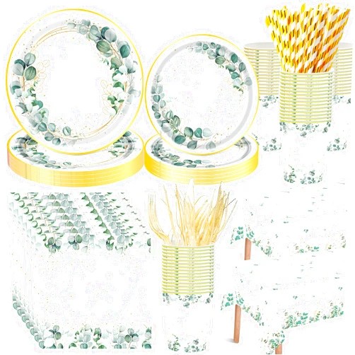 Funnymoom 452 Pcs Eucalyptus Leaf Party Supplies Decorations Include Sage Green Paper Plates Napkins Cups Tablecloth Cutlery Straws for Baby Shower Birthday Bridal Shower Wedding Party